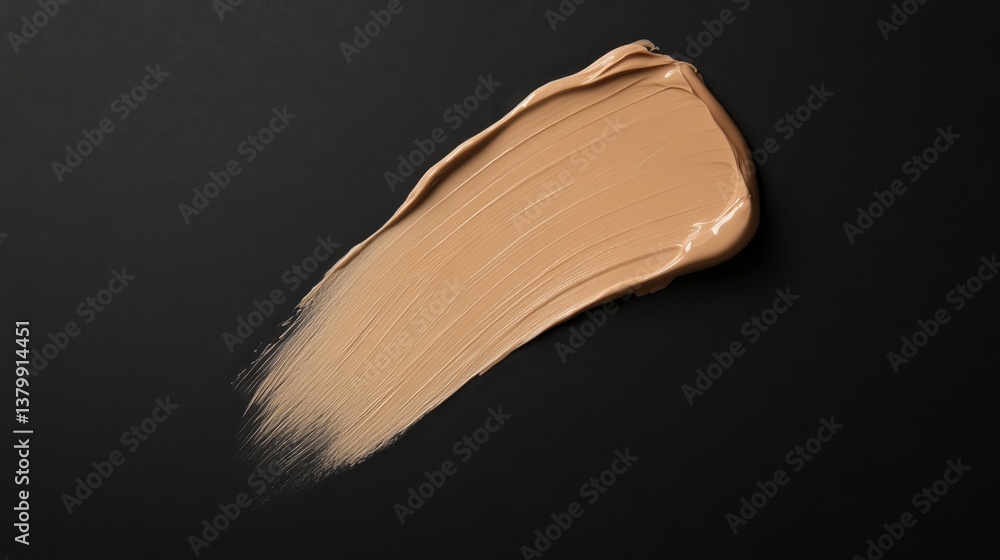 Leinwandbilder Smooth light beige foundation is artfully applied on a glossy black surface, showcasing its creamy texture and consistency under soft lighting with ample copy space