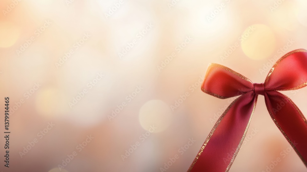 Poster a close-up view showcases a single red ribbon in a perfectly tied bow with golden edges. the soft pa