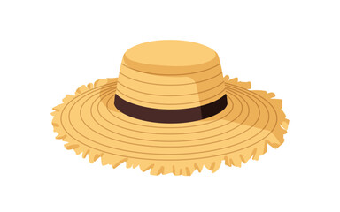 Straw hat with ribbon, wide frayed brim. Summer rural rustic headwear, country head accessory. Beach cap, sun protection headdress. Flat graphic vector illustration isolated on white background