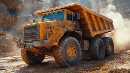 Fototapeta premium A massive yellow dump truck driving through a construction site