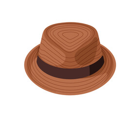 Fedora hat with ribbon. Classic elegant headwear. Straw head accessory, summer cap with brim. Chic headdress for sun protection. Flat graphic vector illustration isolated on white background