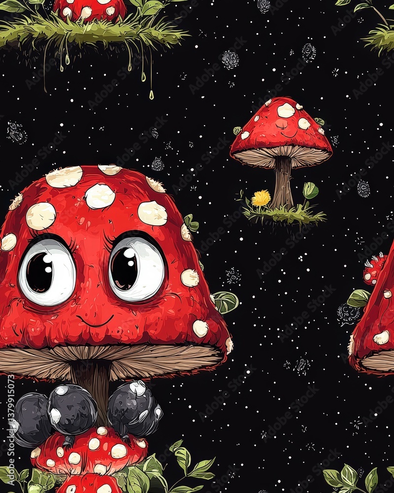 Poster whimsical mushroom character with eyes set against a black background creating a fun and unique imag