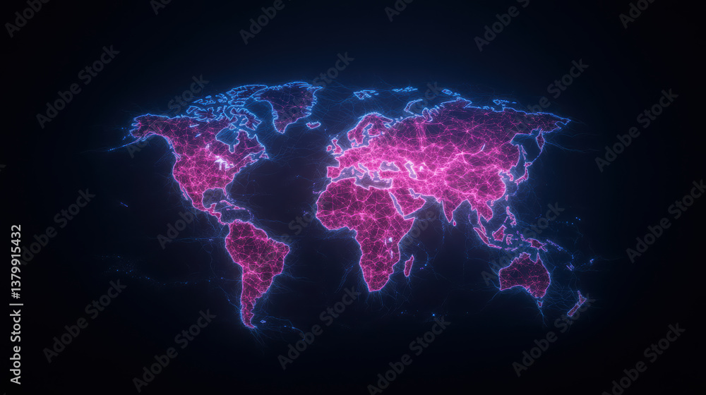 Poster digital world map with neon pink and blue connections, representing global networks and data