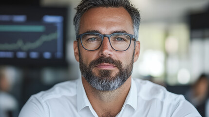 Fototapeta premium Professional man with glasses and beard, focused in office environment