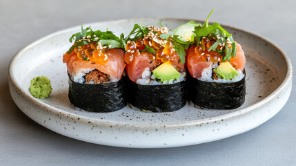 Elegant sushi rolls with salmon, avocado, and sesame on stylish plate