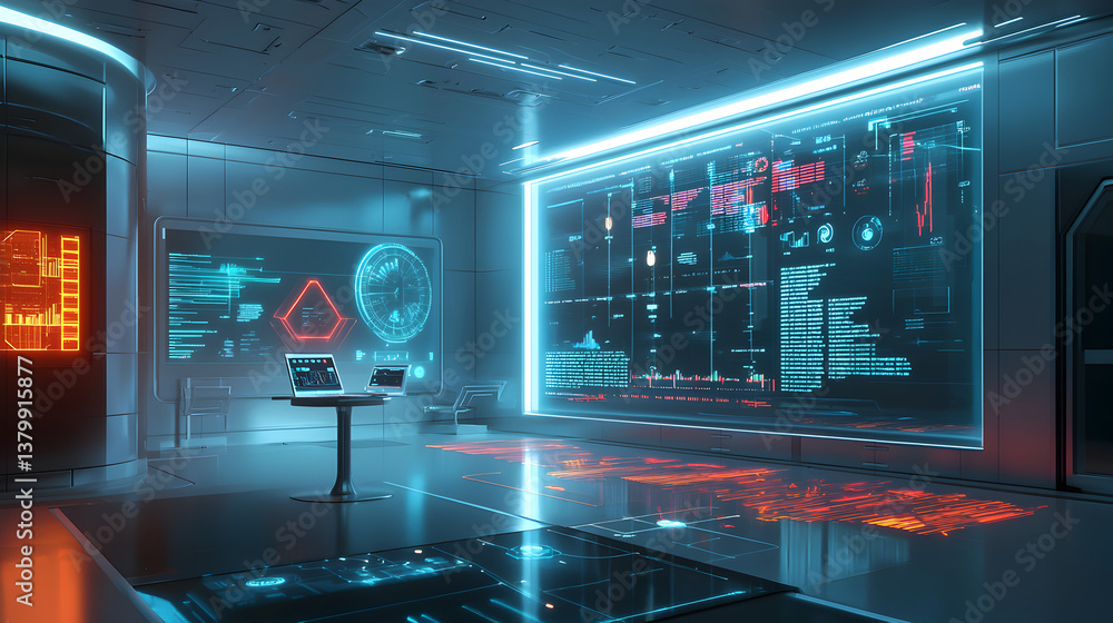 Poster high-tech control room monitoring data streams futuristic office digital display urban environment a