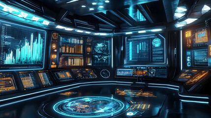 Obraz premium Futuristic control room digital interface virtual reality environment high-tech dashboard sci-fi setting