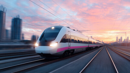 Naklejka premium high speed train gliding past modern cityscape at sunset, showcasing sleek design and speed