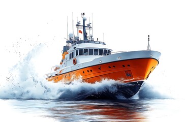 Powerful Orange and White Yacht Gliding Through the Ocean Water with Force.
