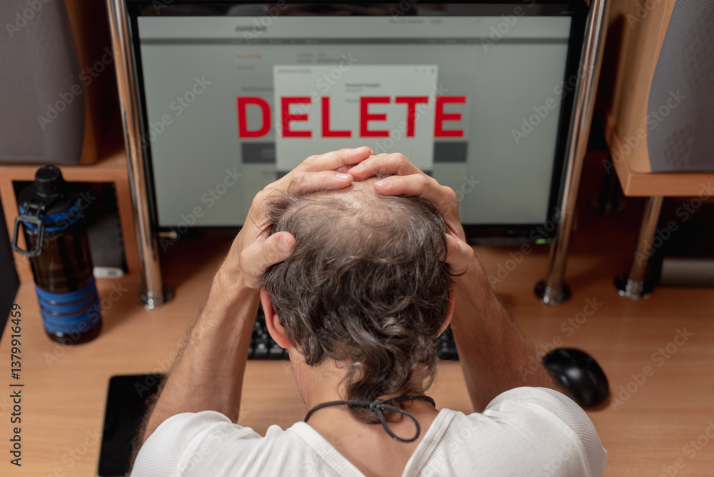 Poster confused shocked man looking at computer screen and having big serious problems because of deleted r