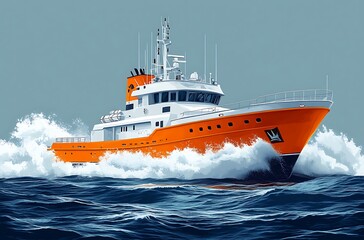 Orange and white pilot boat maneuvering through ocean waves, vibrant and dynamic illustration.