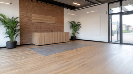 Fototapeta premium Modern office space with wooden reception desk and plants