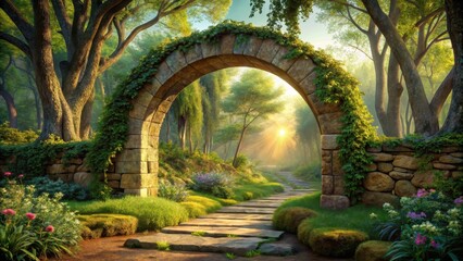 Stone Archway Leading to a Sunlit Path Through a Lush, Green Forest Garden