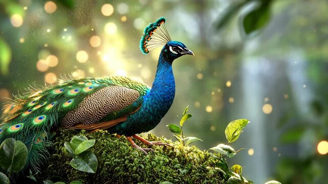 Vibrant peacock showcases stunning plumage on mossy rock, surrounded by lush greenery and serene forest wildlife in natures colorful embrace.