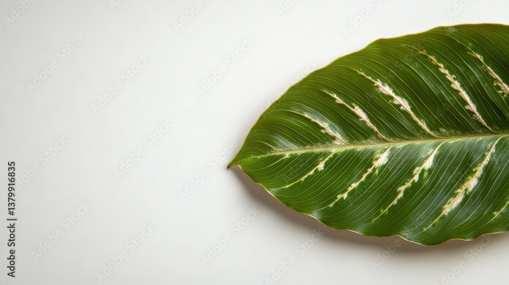 Poster a close-up view of a single maranta leaf highlights its unique green and white patterns against a so