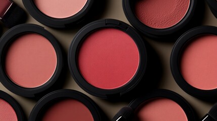 A detailed look at a makeup brush placed among various shades and blushes, highlighting the minimalist beauty of the arrangement against neutral fabric