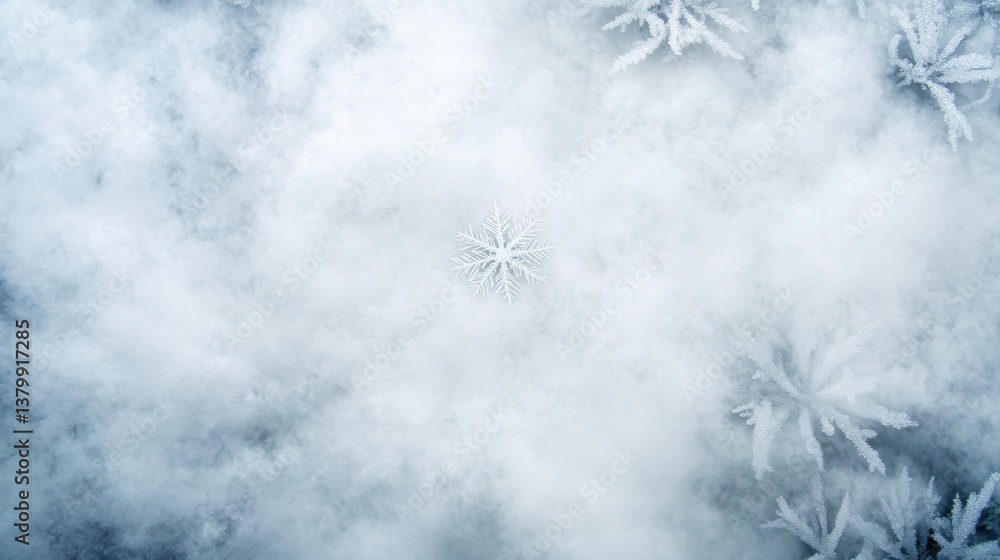 Poster Close-up view of a snowflake on frozen ground with frosted plants. Soft lighting emphasizes the intricate details of the ice crystal against the cold backdrop