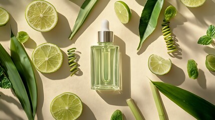 A minimalist flat lay featuring a label-free essential oil bottle on a muted beige background, encircled by fresh lime slices, spiral-cut bergamot peel,