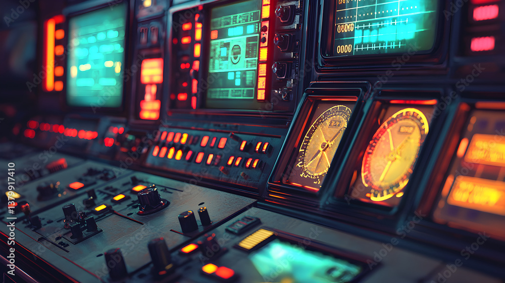 Poster control room dashboard display high-tech facility digital interface futuristic environment close-up 