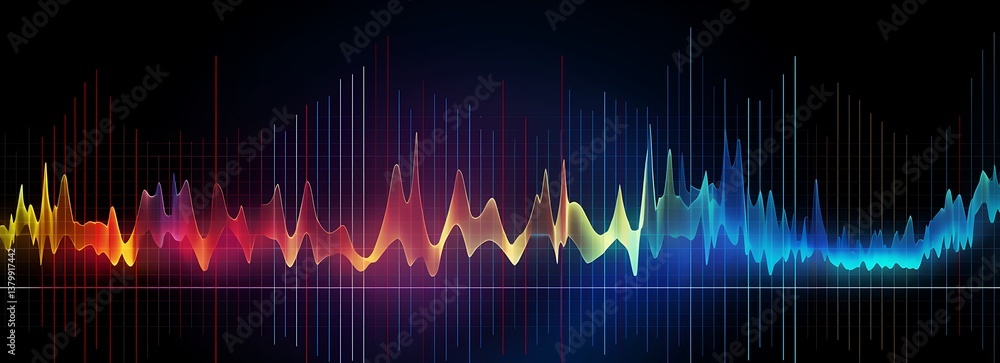 Poster dynamic sound waves: a visually stunning depiction of sound waves rippling across a dark canvas, the