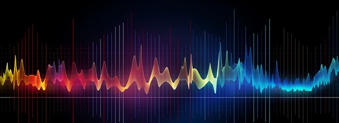 Dynamic sound waves: A visually stunning depiction of sound waves rippling across a dark canvas, the soundwaves  igniting with a spectrum of vibrant colors.