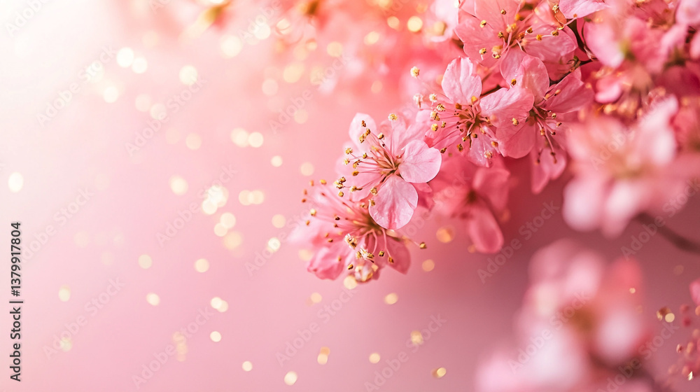Poster close up of pink cherry blossoms against a light pink background with bokeh effect adding a soft glo