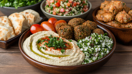 Delicious Mediterranean feast featuring hummus, falafel, and fresh salads