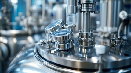 Close up of a shiny metal industrial machine with gauges and stainless steel components in a factory