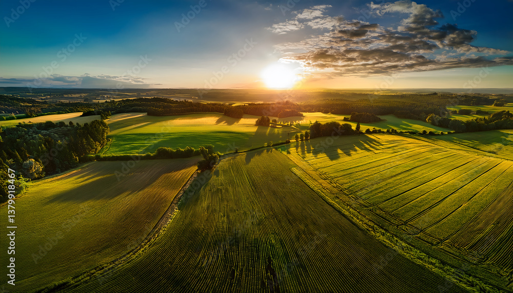 Poster expansive fields under a vibrant sunset with a clear sky, casting long shadows across the landscape