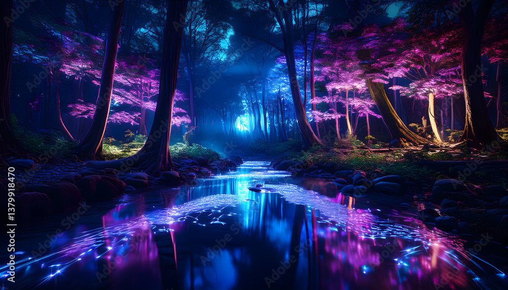 Poster a serene, illuminated forest scene with colorful reflections on a tranquil stream, surrounded by lus