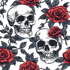 Fototapeta premium A striking pattern of vivid skulls entwined with lush roses, ideal for edgy designs.
