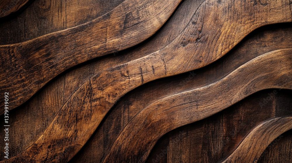 Poster dark brown wooden planks arranged in a wavy pattern creating a textured background image surface