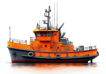 Fototapeta premium Orange Tugboat Isolated on White Background with Reflection, Maritime Vessel Illustration.