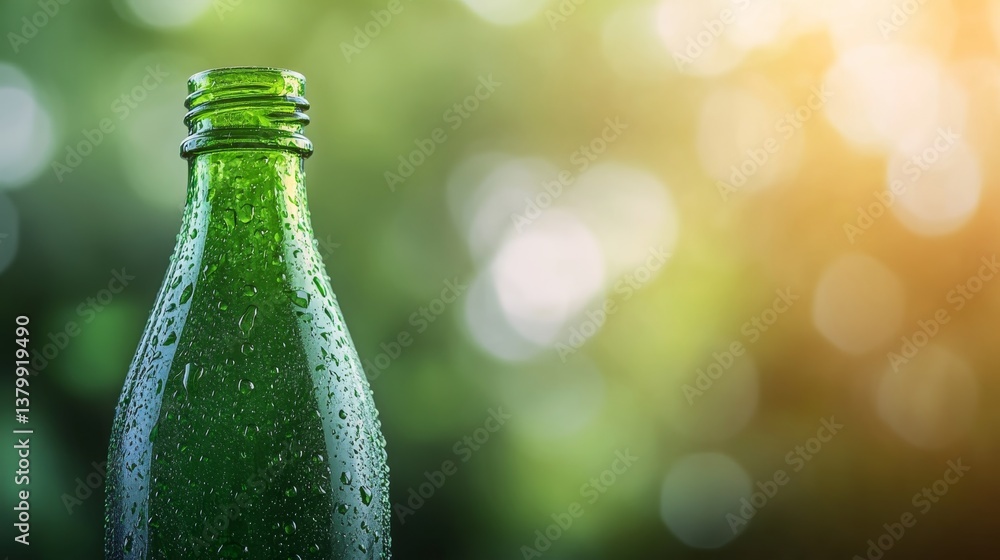 Poster Water droplets cling to a green glass bottle, creating a captivating shimmering effect as sunlight breaks through the soft clouds in the blurred background