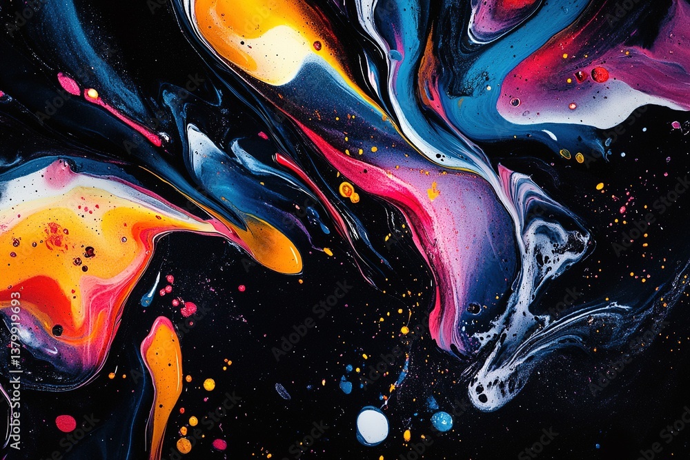 Poster modern trending abstract black background with curving bright full color ribbon of liquid paint temp