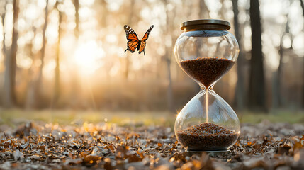Orange Butterfly and Hourglass at Sunset in Autumn Forest