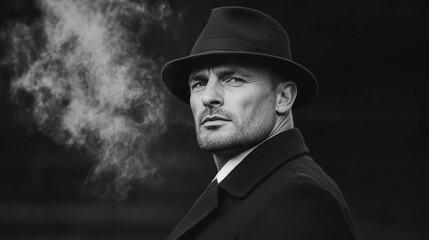 Cinematic portrait of detective in noir style, exuding mystery and intrigue