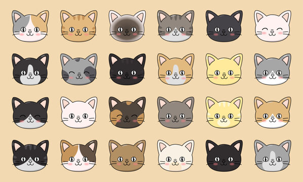Cute cartoon cat faces collection. Adorable hand drawn kawaii kitten heads set for stickers, patterns and digital designs. Happy, joyful and adorable cat faces in different colors and characters.