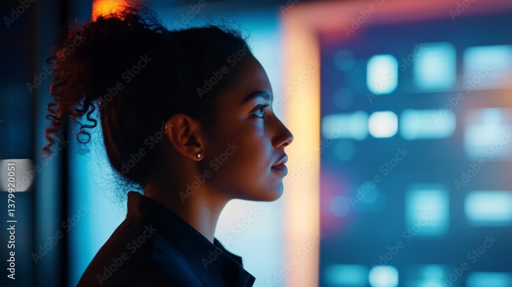 Leinwandbilder a woman in shadow gazes thoughtfully at a glowing ai interface, showcasing the intersection of human