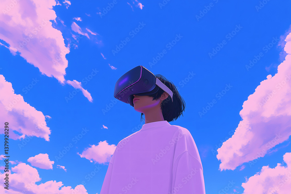 Poster virtual reality and cloud dreams: a person experiencing virtual reality with a headset on, set again