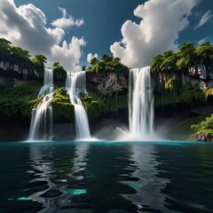 Obraz premium An island floating with waterfalls spilling into the sky, dreamy and imaginative.