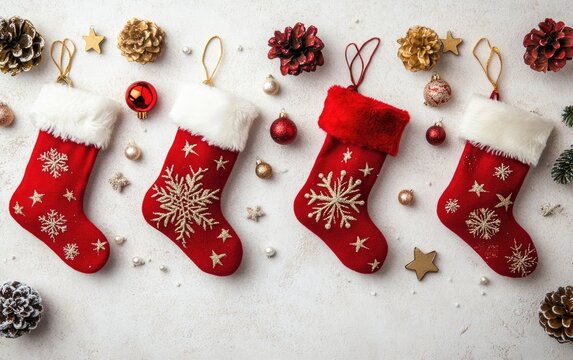 Red Christmas stocking with Santa Claus and snowman decorations celebrate the festive winter holiday season