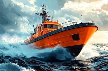 Dramatic illustration of a coast guard ship navigating stormy waters at high speed.