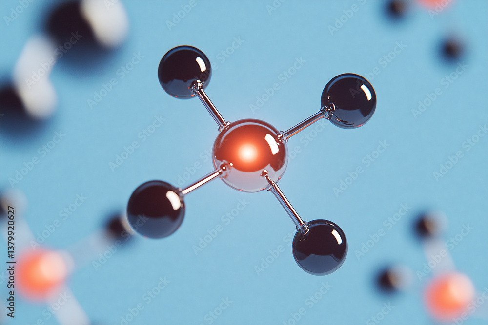 Poster molecular structure: abstract render of a molecular structure, with interconnected spheres represent