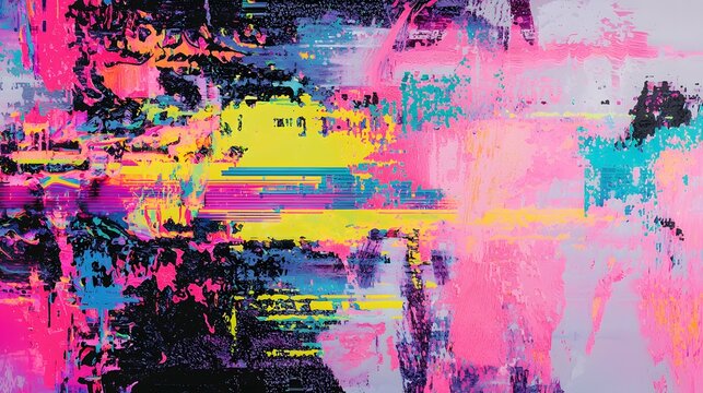 A vibrant neon datamosh distortion frame presents a chaotic fusion of digital noise and glitch-inspired aesthetics,