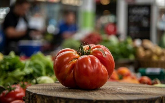 Heirloom Tomato At Farmers Market Fresh Produce Display On Wood Slice - Powered by Adobe