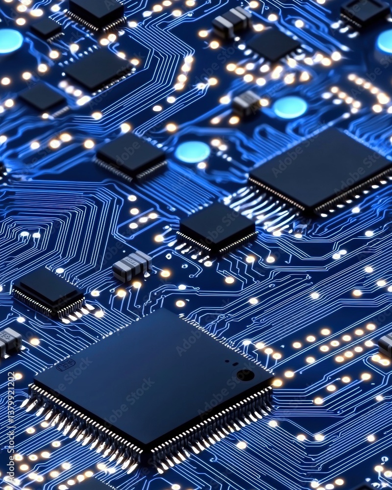 Poster intricate circuit board filled with numerous electronic components and connections creating a comple