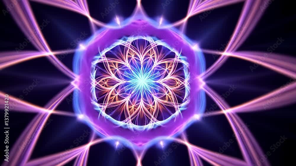 Poster vibrant digital abstract floral design featuring colorful symmetrical patterns and light, creating m