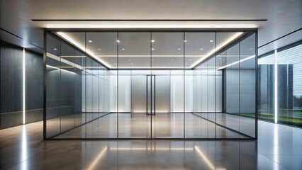 Fototapeta premium Modern Glass-Walled Office Space Interior Design Sleek Minimalist Architecture with Polished Concrete Floors and Recessed Lighting