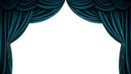 Elegant teal velvet stage curtains opening. Isolated PNG element with transparent background.